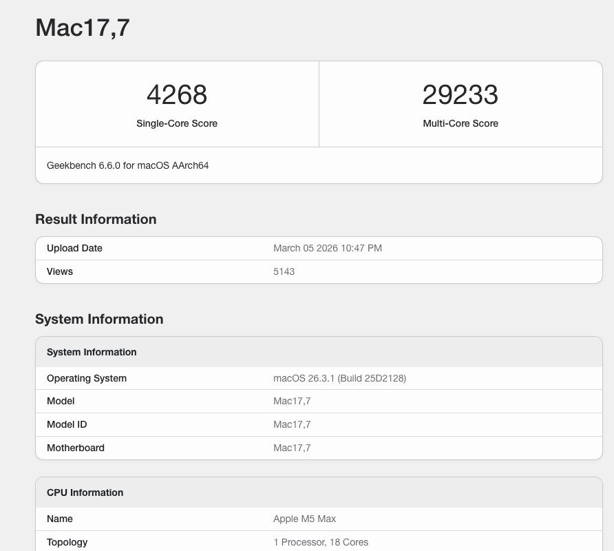 蘋果M5 Max晶片Geekbench跑分曝光 多核性能超96核AMD Threadripper